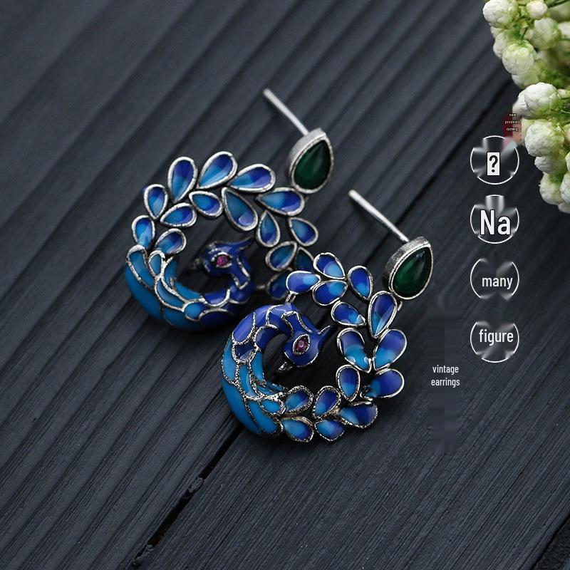 

Китайская перегородчатая эмаль, синие серьги с павлином и халцедоном для ханьфу и ципао Electroplated Thai Silver Craft