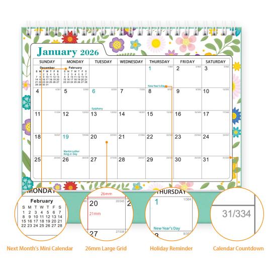 2026-2027 Floraler Schreibtischkalender Spiralbindung Januar bis Juni 18 Monate Monatsplaner Heim Büro