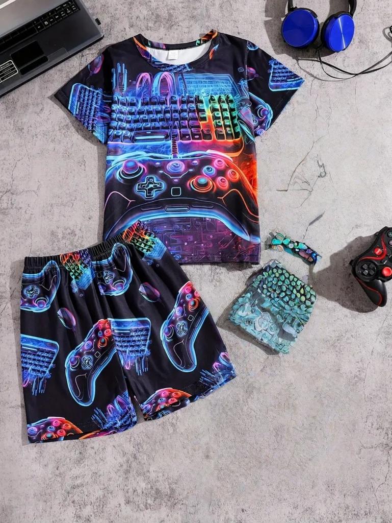 Game Console Boys Set Cool Print Children's Top and Bottom Clothes Set Loose Sets for Children Street Casual Children's Clothes