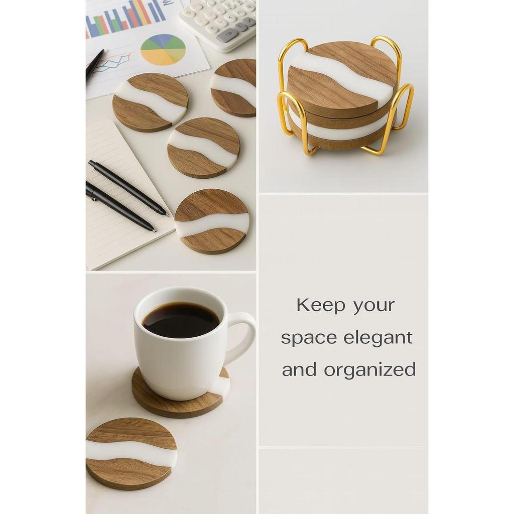 Wooden Coaster Set of 4 for Dining Table – Premium Wood & Resin Drink Coasters with Gold Stand – Stylish Tea Cup, Coffee Mug & Glass Coasters