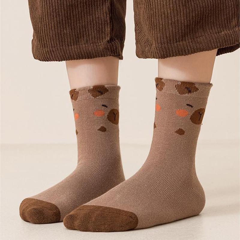 5Pairs Cartoon Capybara Print Mid-Tube Socks Breathable Soft Casual Socks Unisex Autumn Winter Coffee Keep Warm Mid-Tube Socks