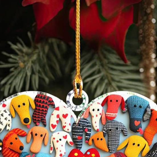 Love Heart Dachshund Christmas Ornament Xmas Tree Car Rearview Mirror Acrylic Hanging Heart Shape Dog Decoration Holiday Party Pendant
