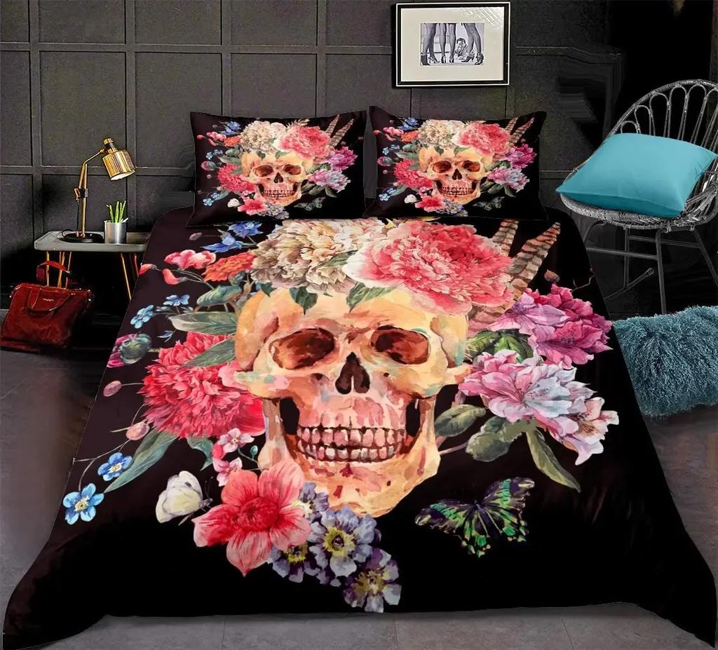 3D Sugar Skull Comforter Cover Set Twin Size Flowers Print Bedding Set Black Microfiber Polyester Duvet Cover Set