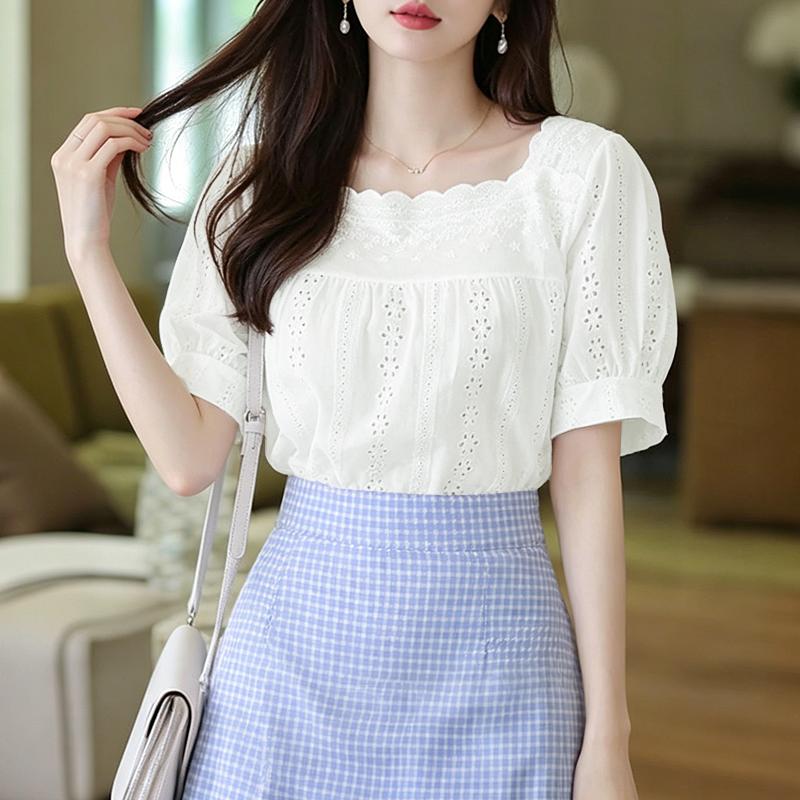 ZANZEA Women Casual Square Collar Short Sleeve Patchwork Crochet Blouse M белый