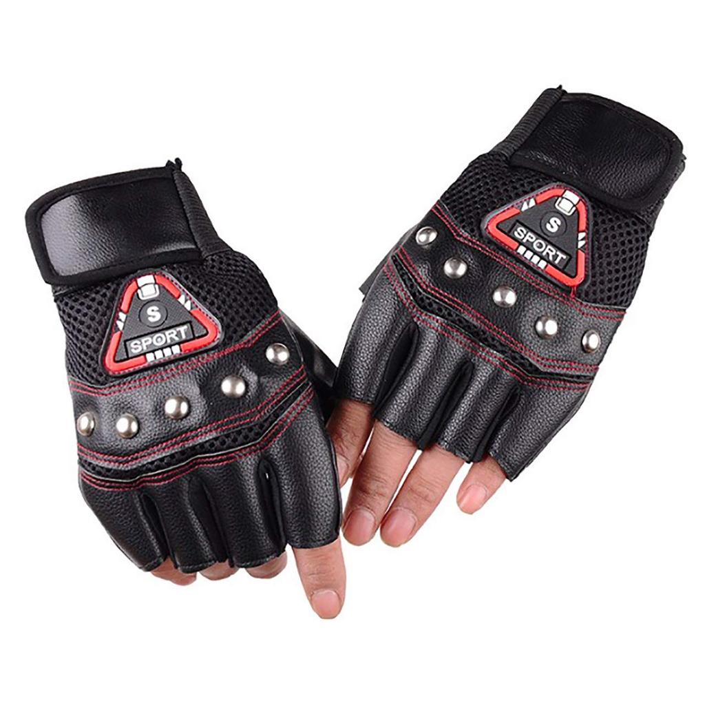 WHITE FANG NT100 Men's Fingerless Leather Cycling Gloves, Breathable Mesh, Road Bike MTB Riding Motorcycle Sports Gloves (Black)