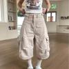 American Vintage Pleated Cargo Pants Loose Wide Leg Denim Shorts Men Women Streetwear