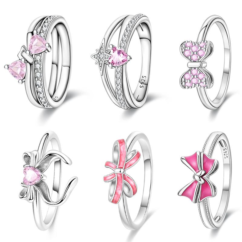 New Valentines Day Rings Sweet Pink Zircon Princess Bows Size 79 Ideal For Women copper Ring Romantic Fine Jewellery Birthday Gift