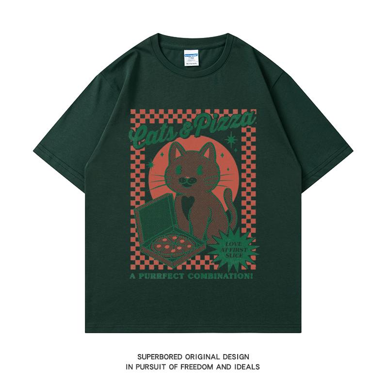 

220GSM Тяжелая футболка из 100% хлопка, футболка с принтом кошек и пиццы, мужская повседневная футболка с круглым вырезом, базовые мужские футболки