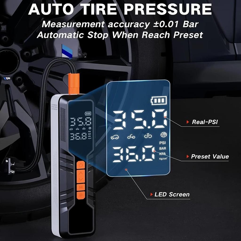 4X Fast Electric Tire Pump Tire Inflator Portable Air Compressor 10000mAh Air Pump for Car Tires with Digital Pressure Gauge/L