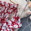 Floral Print Strapless Dress Women French Slash Neck Flare Sleeve Elastic Waist Lady Vacation Fashion Slm A Line Dress