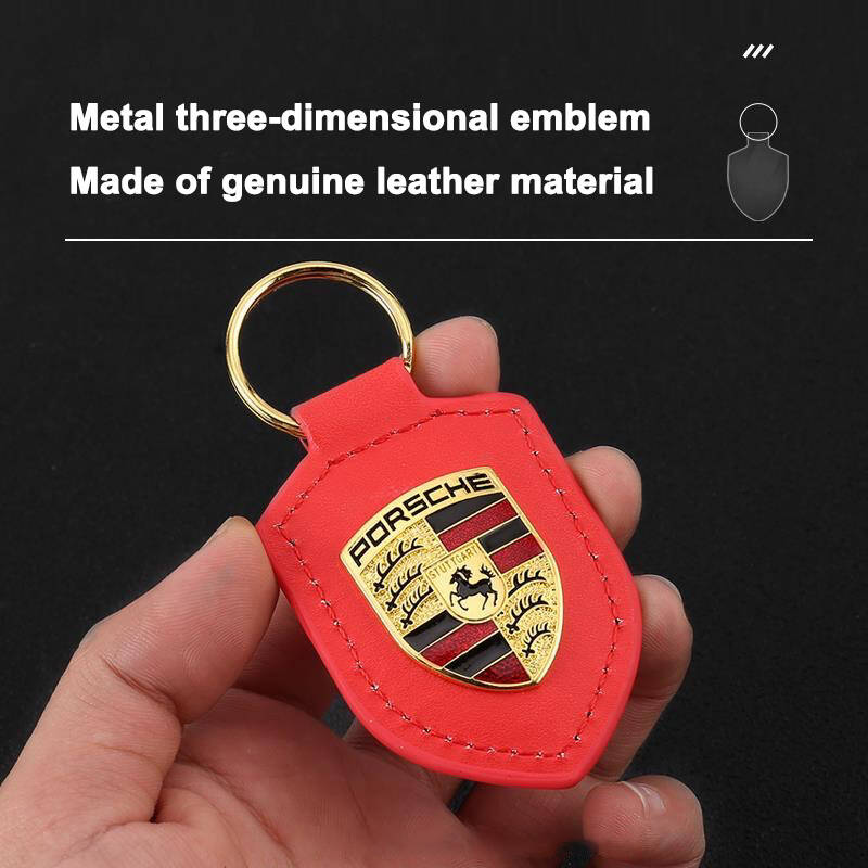 Leather Metal Car Keychain 3D Emblem Key Chain Ring For Porsche Macan 911 718 Taycan Panamera Cayenne Boxster Cayman Accessories