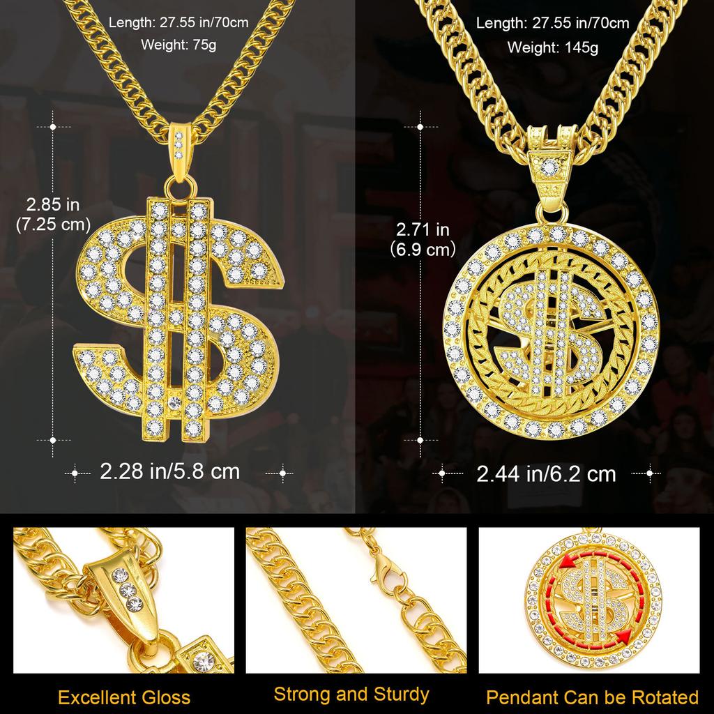 Men Gold Color Dollar Sign Necklaces with Cuban Chain,Hip Hop Money Dollar Pendant Collar, Music Festival Party Gifts Jewelry