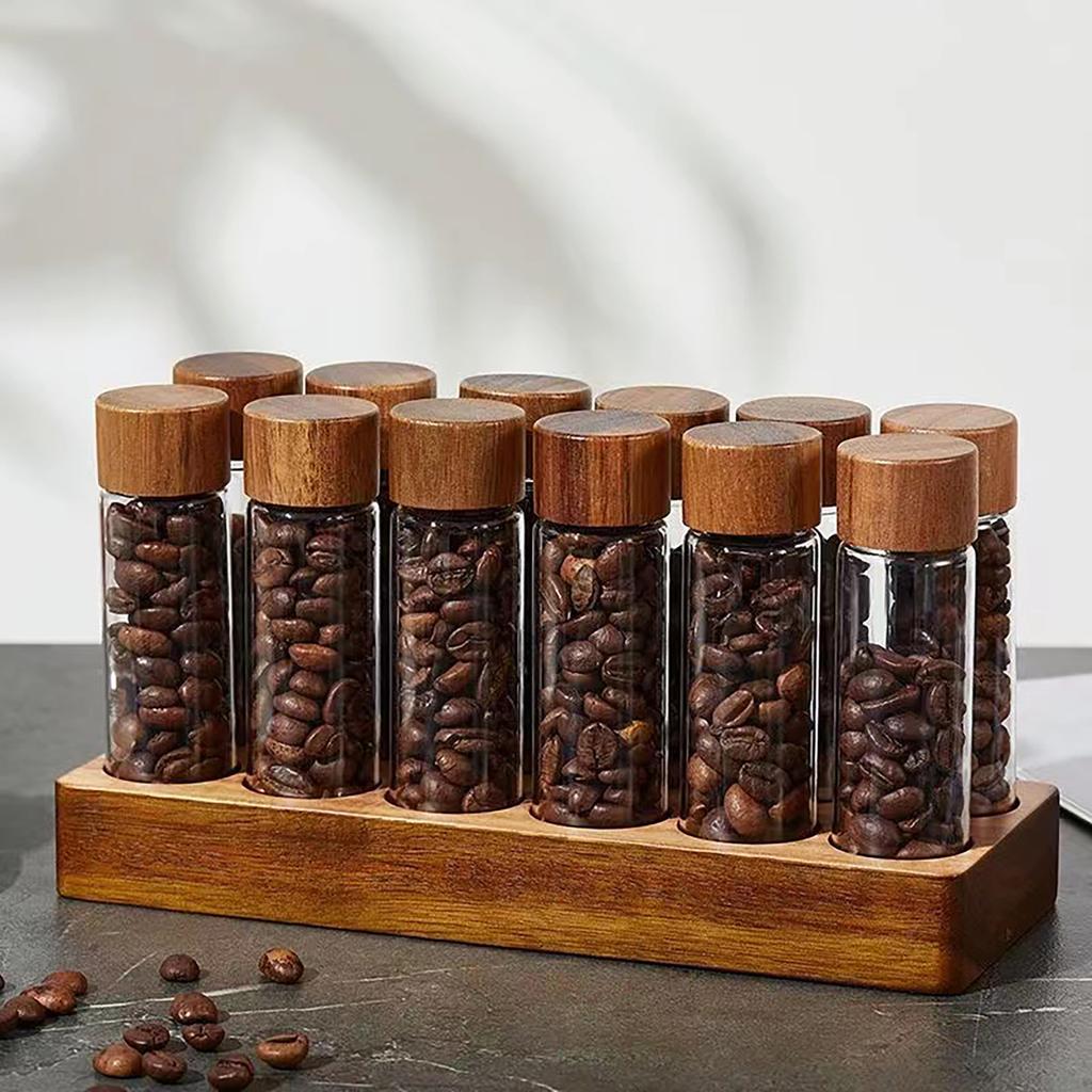 2026 Coffee Bean Sub-packaging Bottle, Sealed Glass Storage Jar with Wooden Lid, Storage Ornament Display Rack
