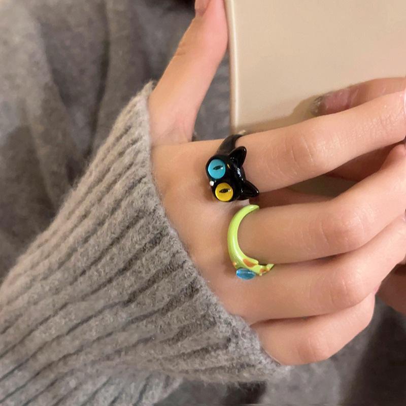 Ins Cute Green Monster Rings Women Fashion Sweet Two Color Cat Eyes Open Couple Ring Wedding Finger Accessories Jewelry Gift
