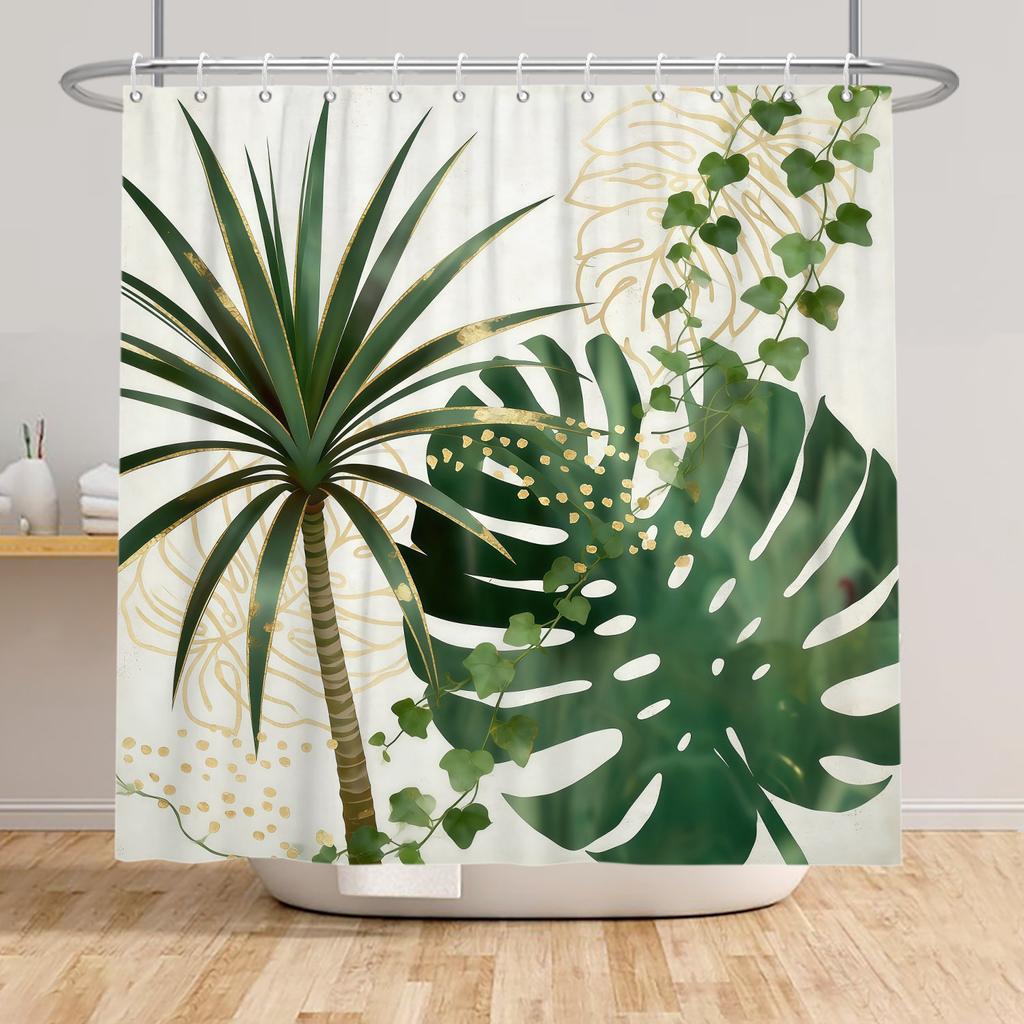 Badezimmer-Duschvorhang mit tropischem Pflanzenmotiv Grüne Blätter Lila Blumen Dekoration Wasserdichter Badezimmervorhang mit Haken