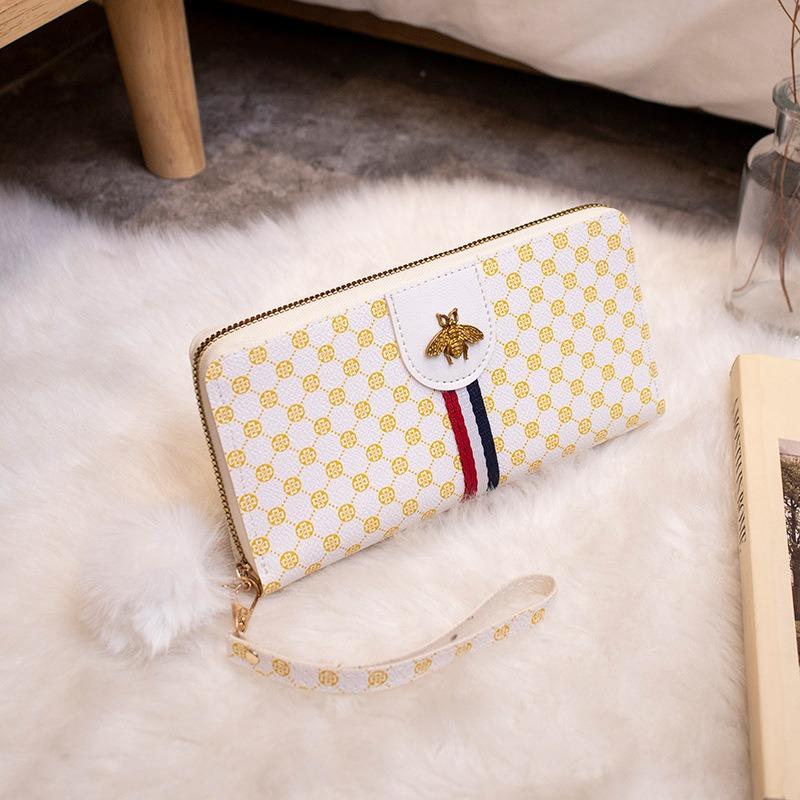 New Contrasting Color Women's Wallet Casual Printing Bee Label Change Bag Hairball Decoration Medium and Long Clutch Bag