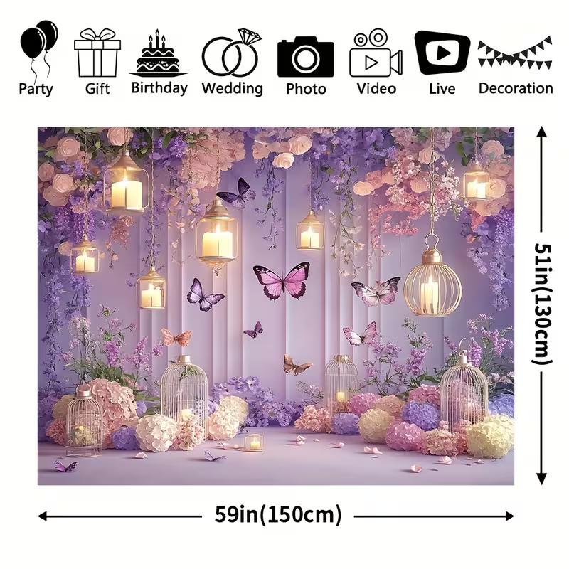 2D Dreamy Purple Floral Backdrop, Lantern & Hydrangea Banner, Girls Birthday Party Decor