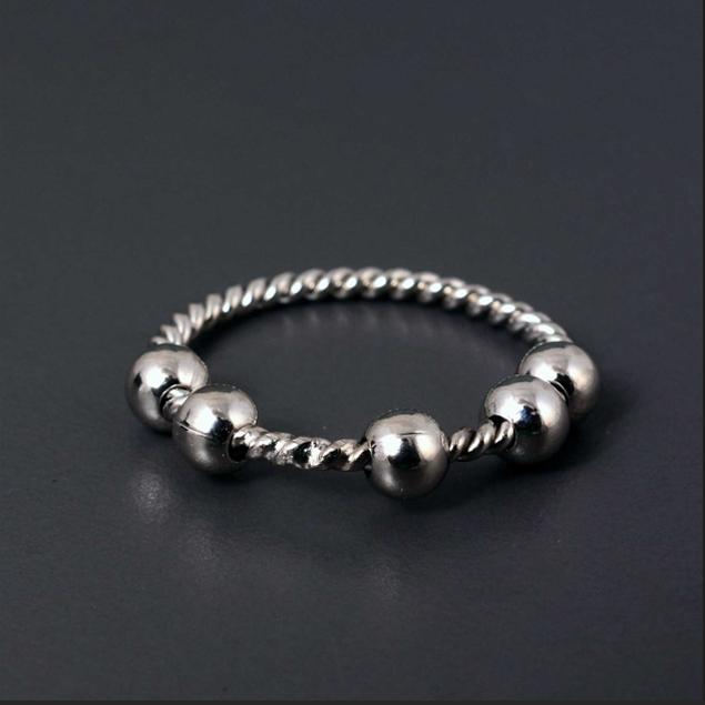 Sterling Silver Beaded Ring – 925 Silver Twisted Band with Five Ball Design, Handmade Minimalist Stacking Ring, Boho Unisex Jewelry