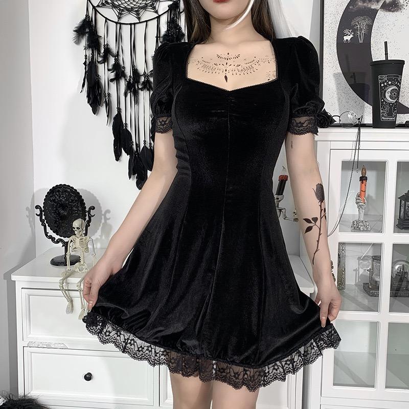 GlowGirl Grunge Gothic Damenkleid Spitzenbesatz Hohe Taille Bodycon Minikleid Neu E-Girl Vintage Punk Harajuku Lolita Partykleidung