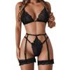 Sexy Lace Lingerie Set For Women Floral Lace Ultrathin See Through Bra Set Brassiere+Thong+Garter 3-Piece Underwear Erotic Sets