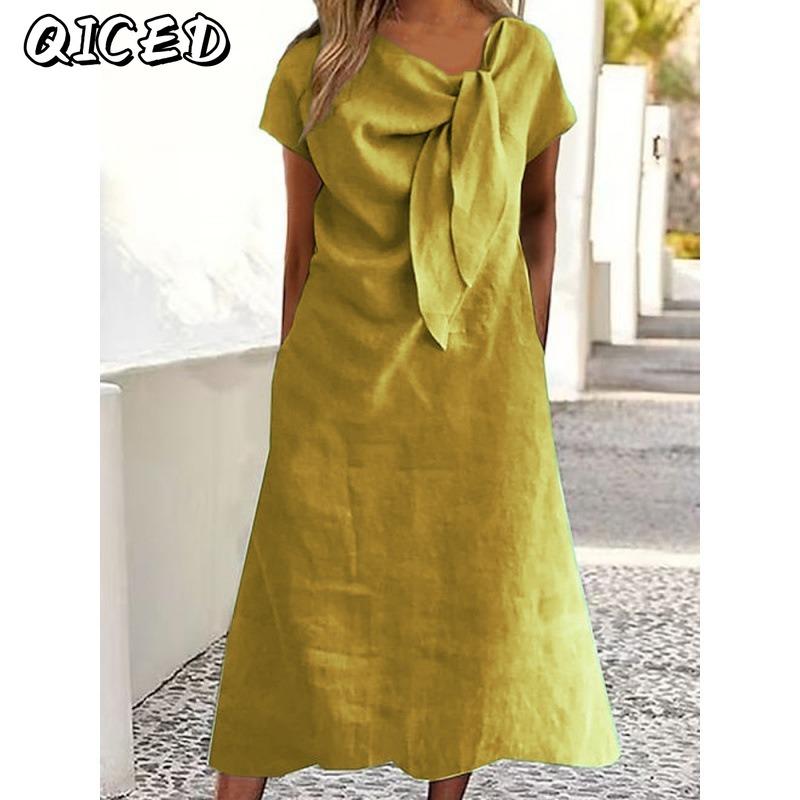 QICED Fashion Summer Spring Solid Color Print Short Sleeve Casual Dresses