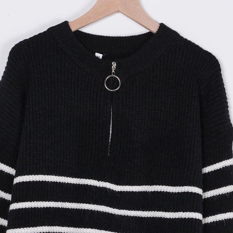 Striped Sweater Women Knitted Pullovers Autumn Winter Fashion Zipper Jumpers Long Sleeve Half High Collar Loose Pullover