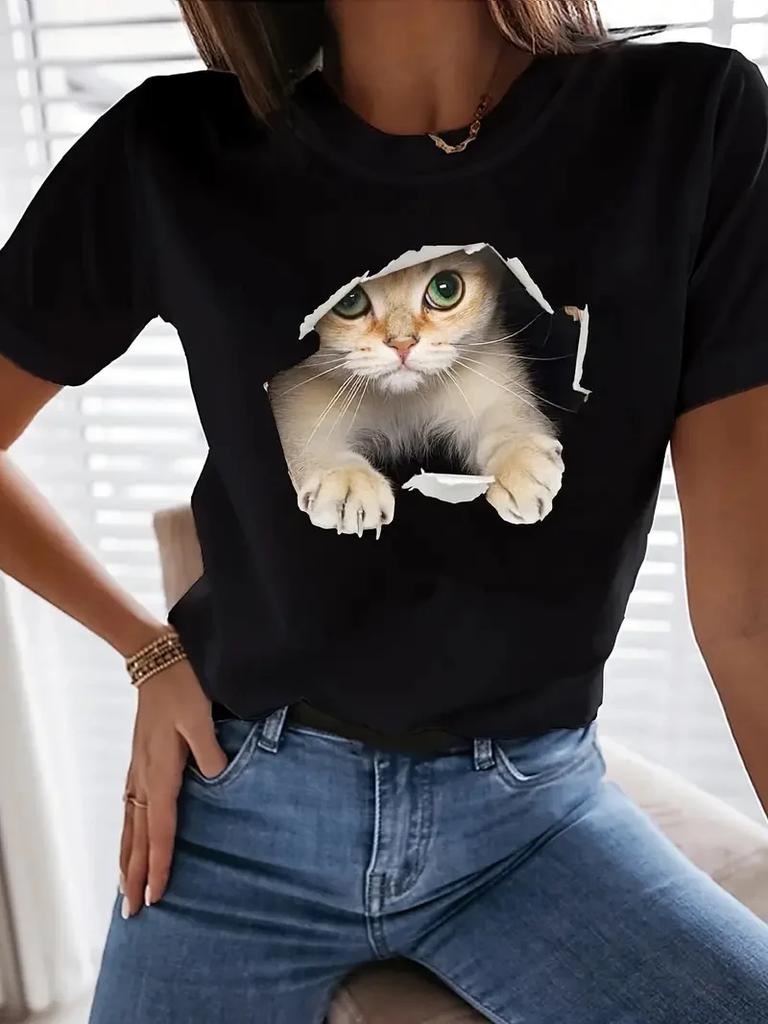 Unisexs Tshirt Cute Cat Print Crew Neck Tshirt Vintage T Shirt Clothes Female Tshirt Y2k Top Short Sleeve Tshirt Casual Tee