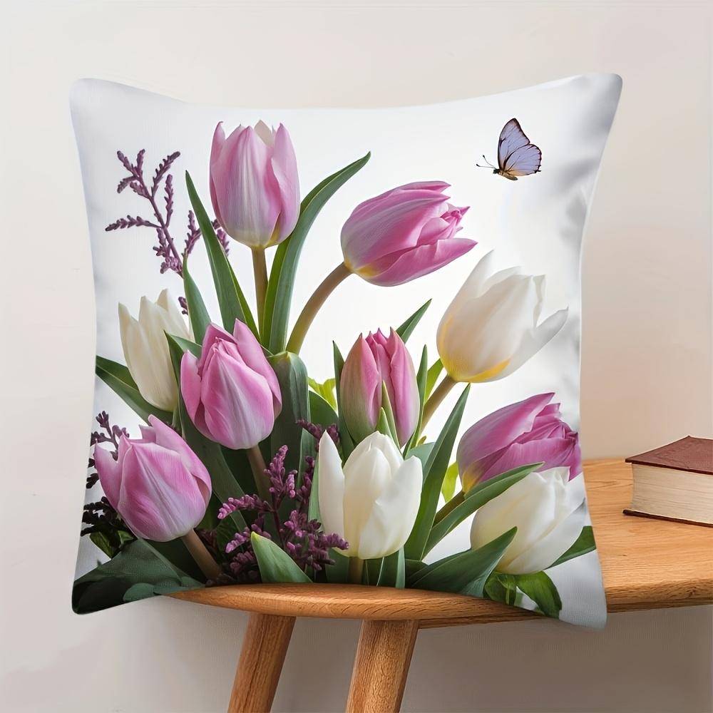 Pink White Tulip Flower Pillow Cover Spring Floral Butterfly Print Soft Throw Pillow Case For Home Sofa Bedroom Decor Gift