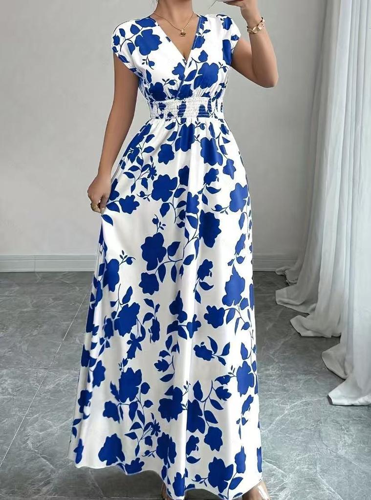 2026 European and American women's clothing explosive summer new short-sleeved lace-up printed v-neck dress