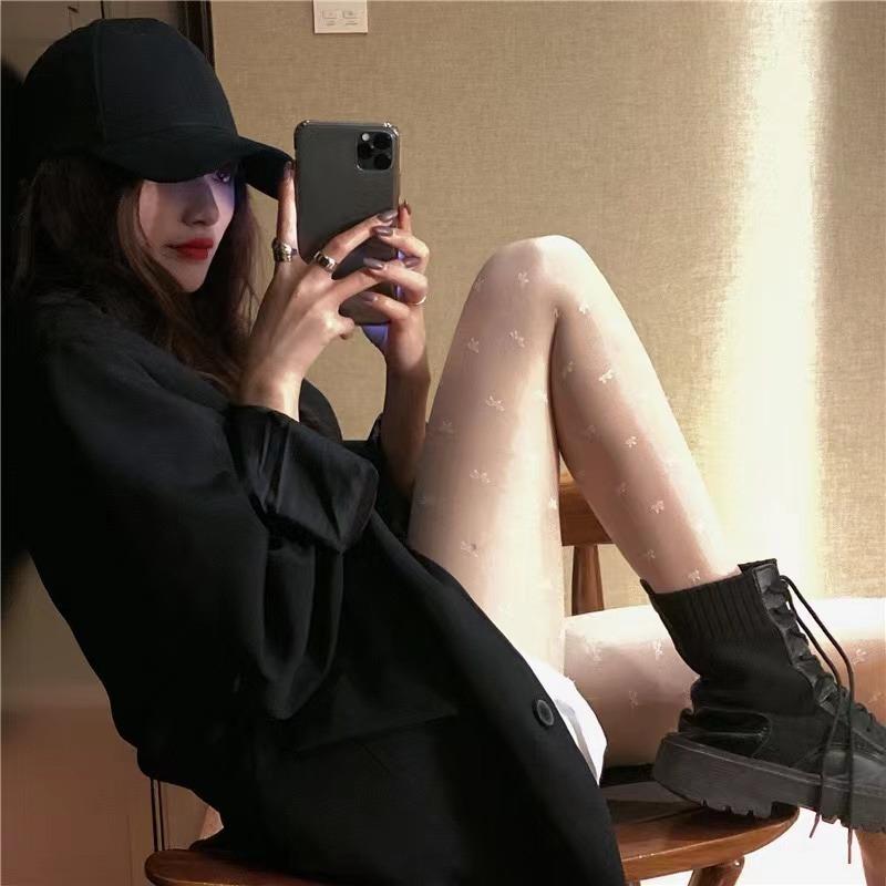 Dámské sexy Vintage falešné punčochy s potiskem mašličky z tenké síťoviny