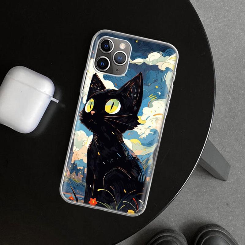 Anime Cute Black Cat Meow Phone Case Cover for iPhone 11 12 13 Mini 14 15 Plus 16 Pro Max 17 Air 7 8 + SE Art Customized Fundas