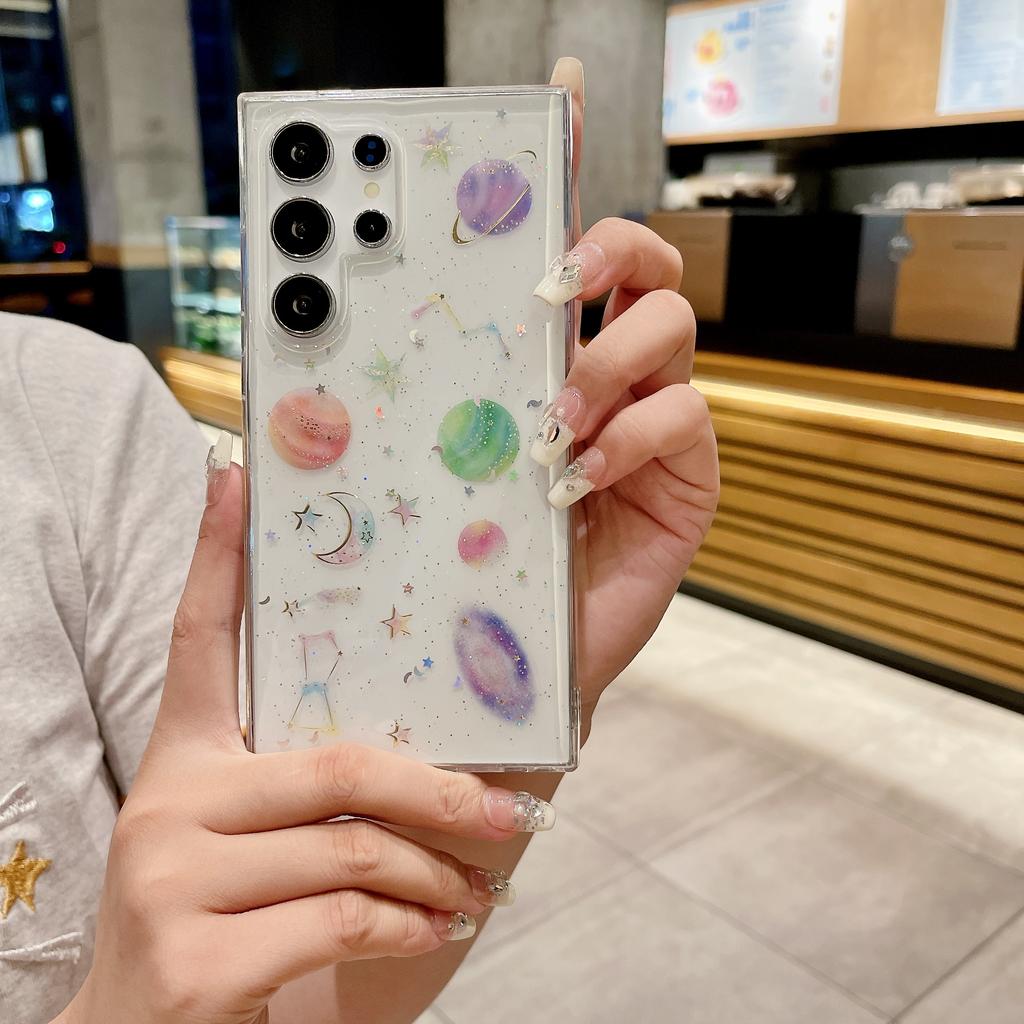 Planet Pattern Bling Glitter Clear Case For Samsung S24 S24FE S23 Ultra Plus FE A35 A55 A25 A15 A05 A05S A23 A14 A54 A34 A04S