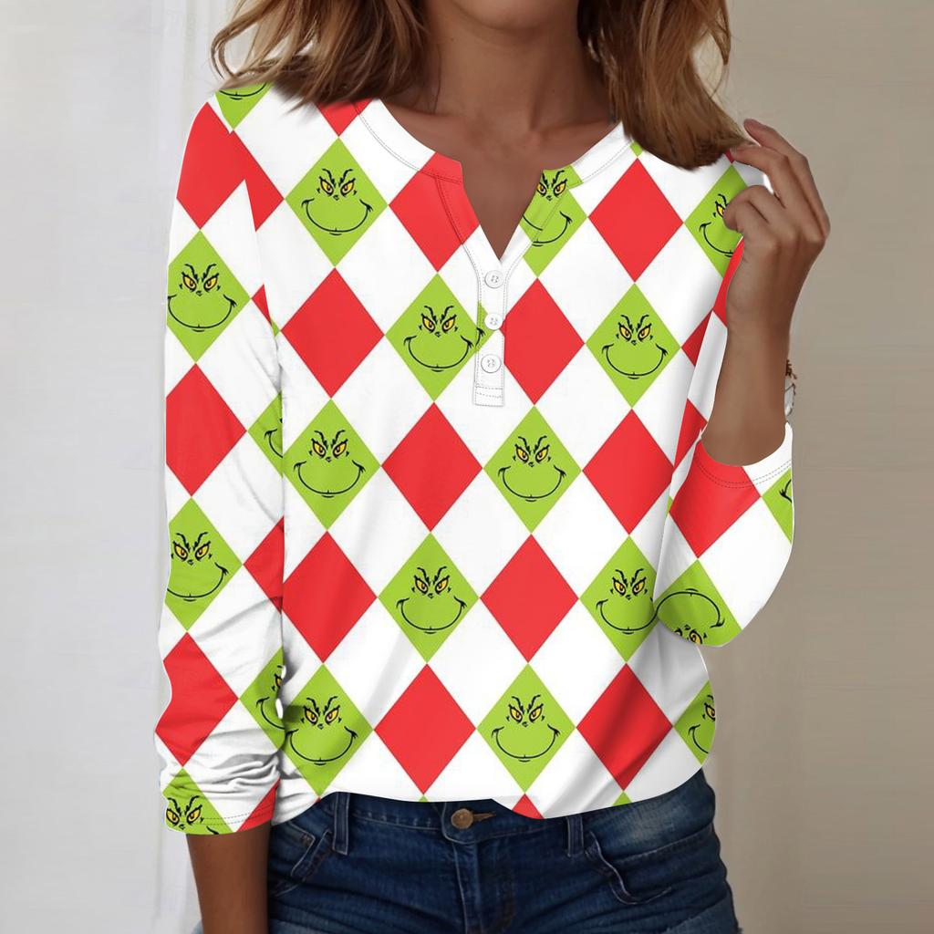 Women's Fashion Casual V-Neck Long Sleeve Decorative Button Christmas Print Top