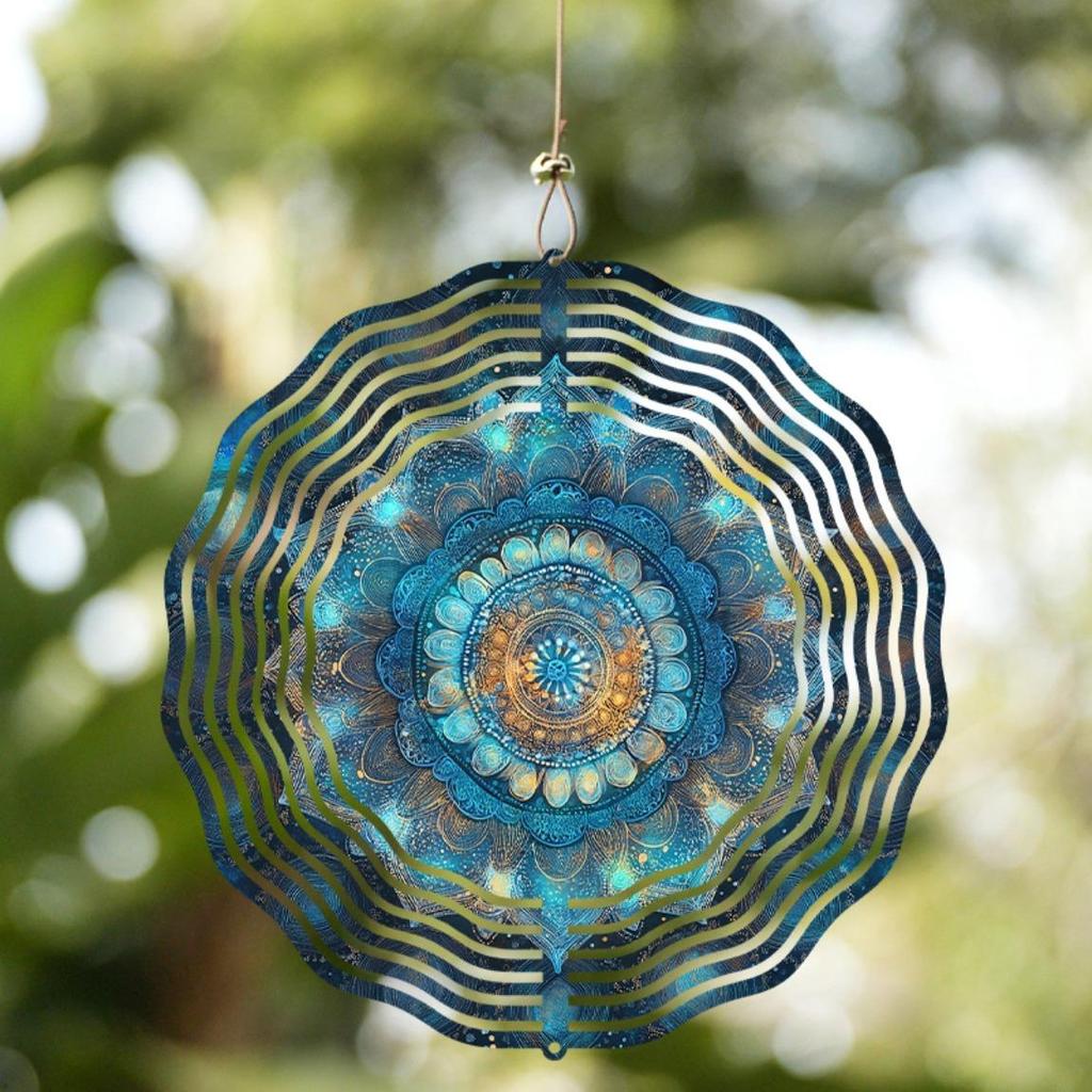 Bohemian Wind Spinner Outdoor Decor 10 Inch Hanging Garden Ornament with 360 Swivel Hook Blue Teal Gold Metal All Season Gift