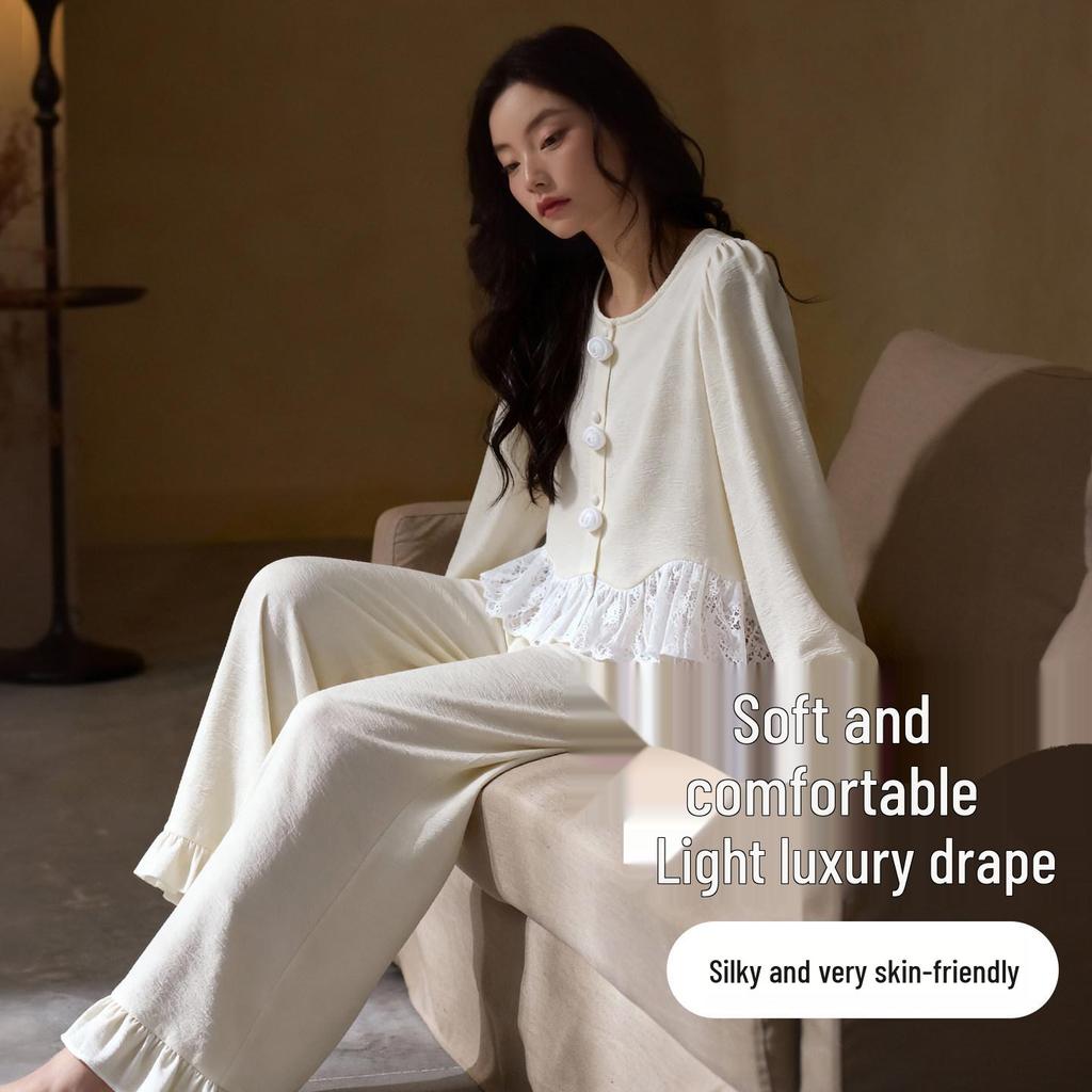White Rose French Sweet Ice Silk Women's Pajama Set, Spring/Autumn, Long Sleeve, Indoor/Outdoor Wear