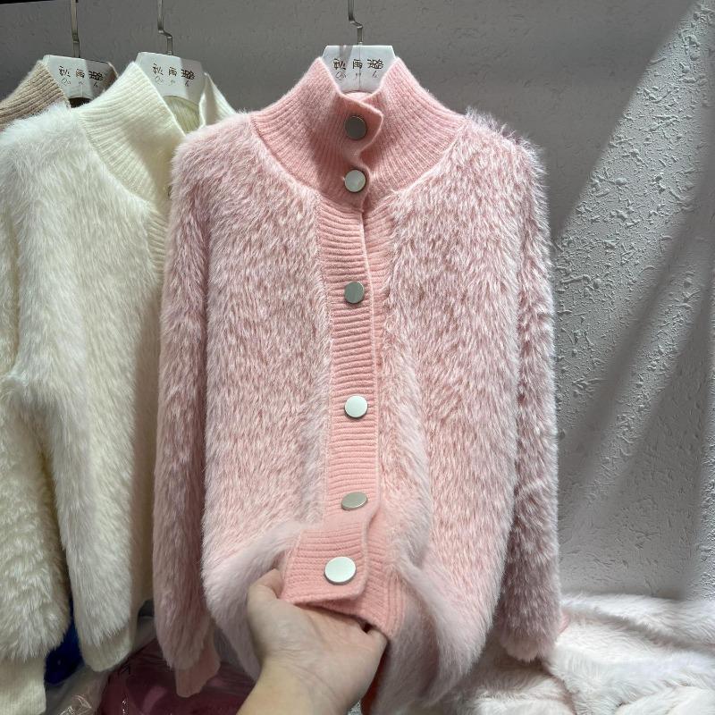 2026 Women Fur Faux Knitted Cardigan Sweater Jacket Korean Style Womens Sweaters Autumn Female Clothes Vinatge Knitwear V Neck Outfits