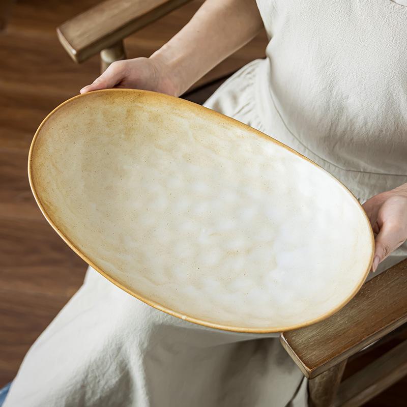Retro Coarse Pottery Large Plate Japanese Boat Plate Household Fruit Plate Tableware Large Vegetable Plate Restaurant Plate Large Fish Plate