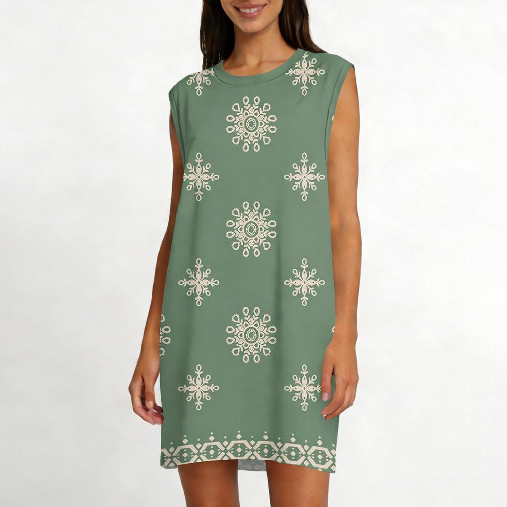Women's Casual And Fashionable Round-neck Sleeveless Printing Mid Length Dress