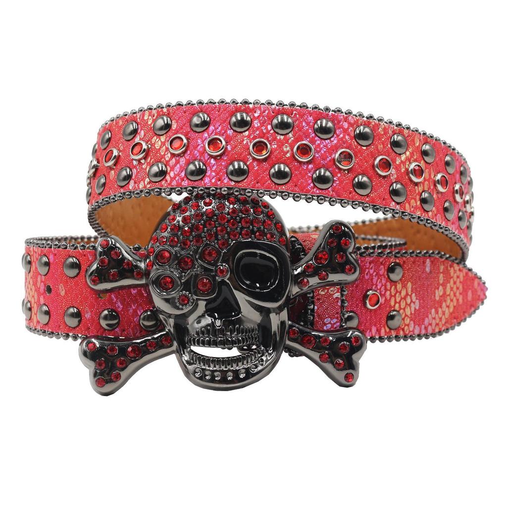 Retro Snake Print Rhinestone Skull Buckle Unisex Jeans Belt - Hip Hop Punk Fashion