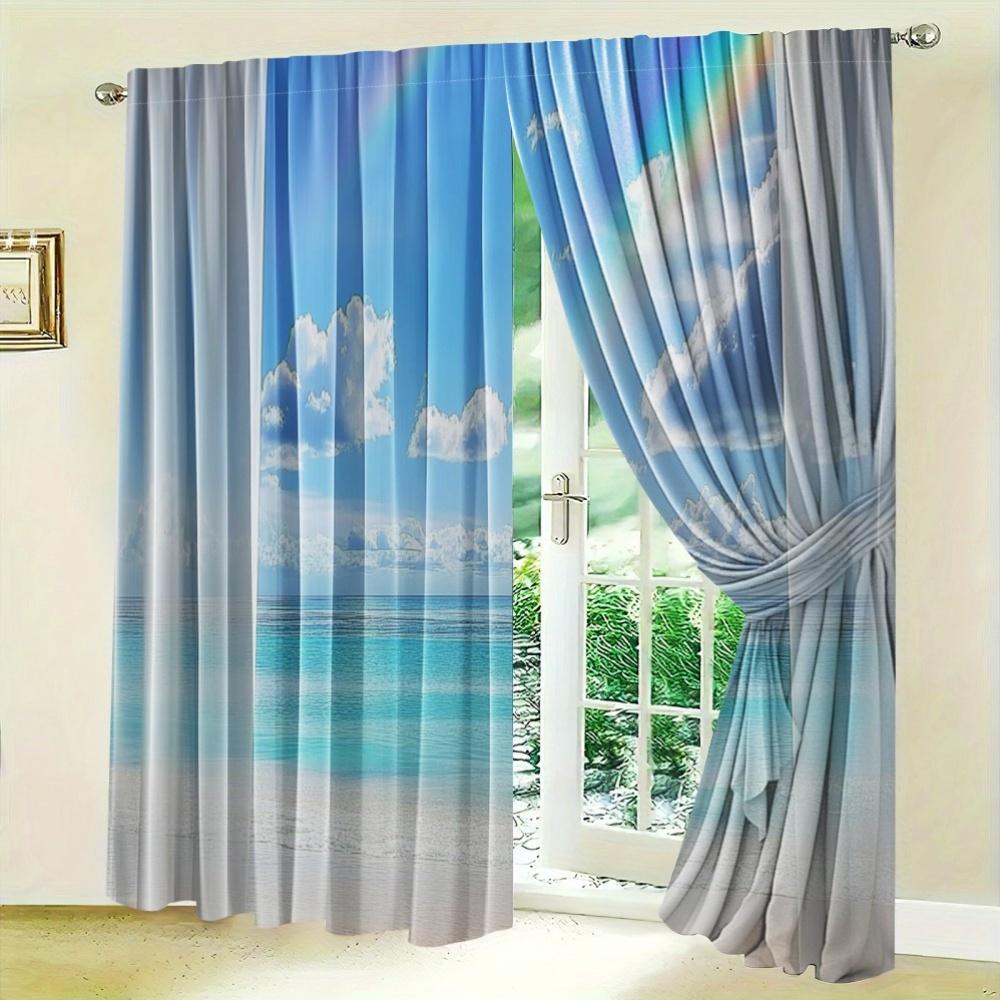 2PCS Classic Polyester Curtains – Tropical Blue Ocean & Beach Scene   Ocean-Themed for Bedroom & Living Room
