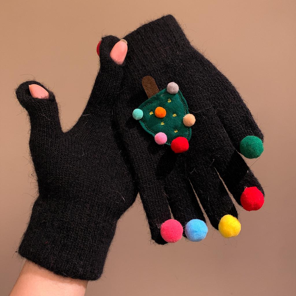 Cute Creative Red Christmas Tree Knitted Gloves for Women Winter Five Finger Warm Plush Windproof and Cold Proof Cycling Christmas