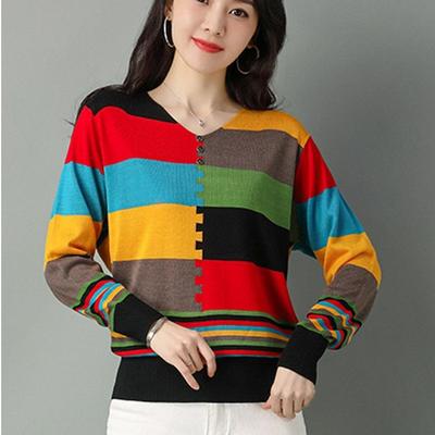 Pulôver Tricotado de Decote V Patchwork Manga Longa Moda Primavera Outono Top Casual Combina com Tudo Fino Roupa Feminina