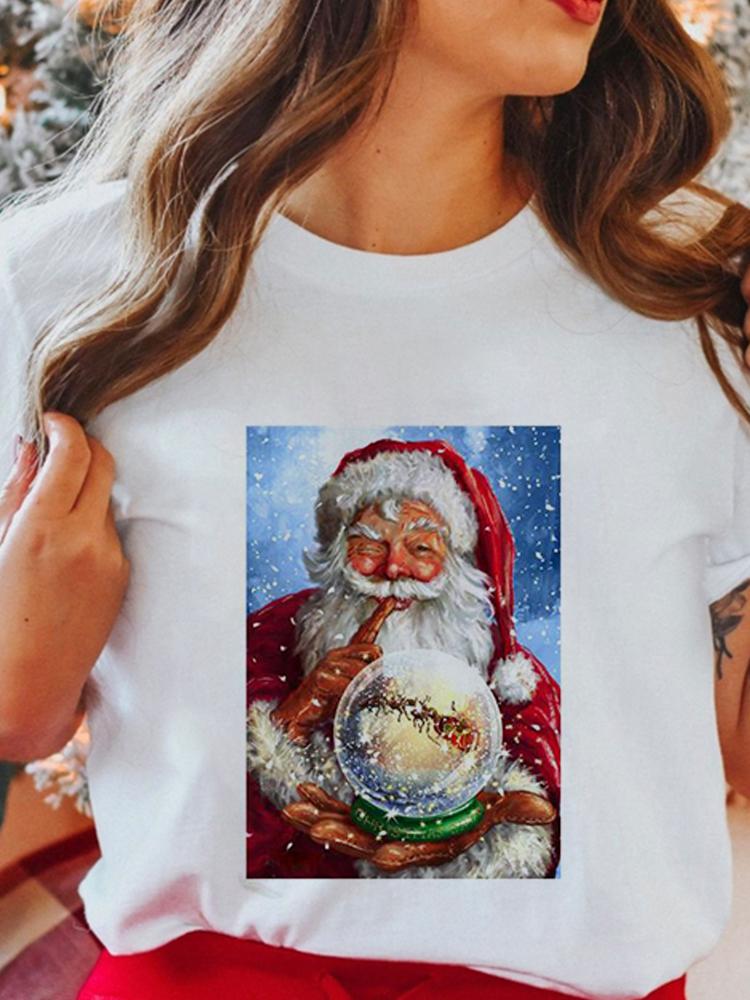 Women's Tops Christmas Short Sleeve Tees Female Summer Beach Funny Cartoon Santa Reindeer Printed T-Shirt Regular Graphic Female