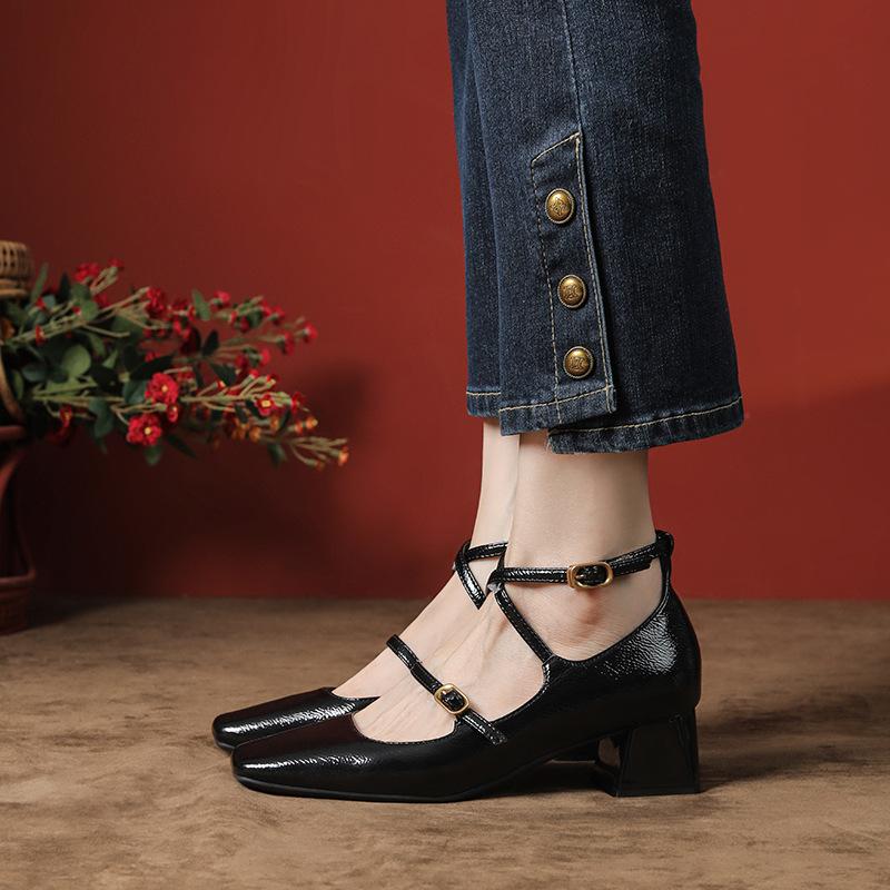 Soft Sheepskin Square Head Thick Heel Single Shoes Women's Medium Heel Retro Mary Jane Shoes Cross One-word Buckle Spring and Autumn