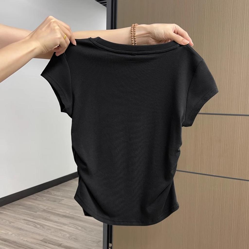 Sweet and Pure Desire Shoulder Short Sleeved T-shirt for Women, Embroidered with Bow, Spring and Summer Version Pleated Waist Cinching Short Top
