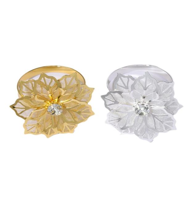 Gold Hollow Out Flower Napkin Ring Holder Metal Napkin Rings,Wedding Party Holiday Banquet Christmas Dinner
