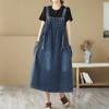 Retro Blaue Denim Ter Dr Damen Sommer Dstring Taille Raffung Schlankmachendes Band Dr Ele Lady Sle A-Linie Midi Dr