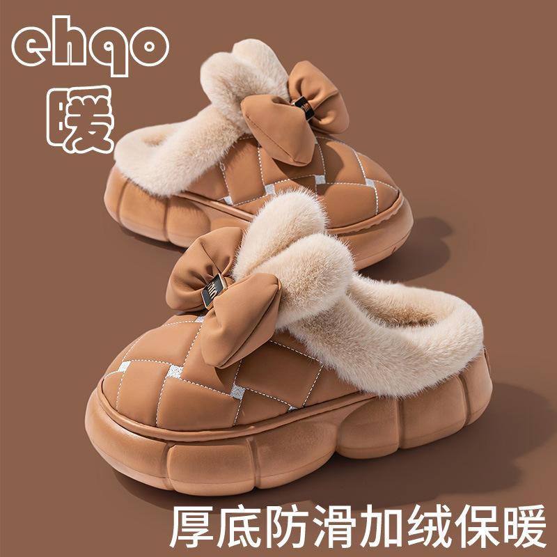 Bow cotton slippers winter piled thickened plush warm non-slip bag and home outdoor cotton shoes winter