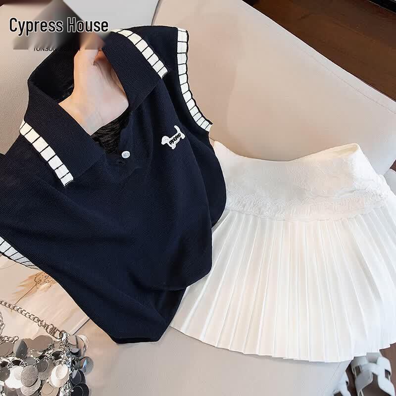 Women s Lapel Sleeveless Color-block Knit T-Shirt One Size