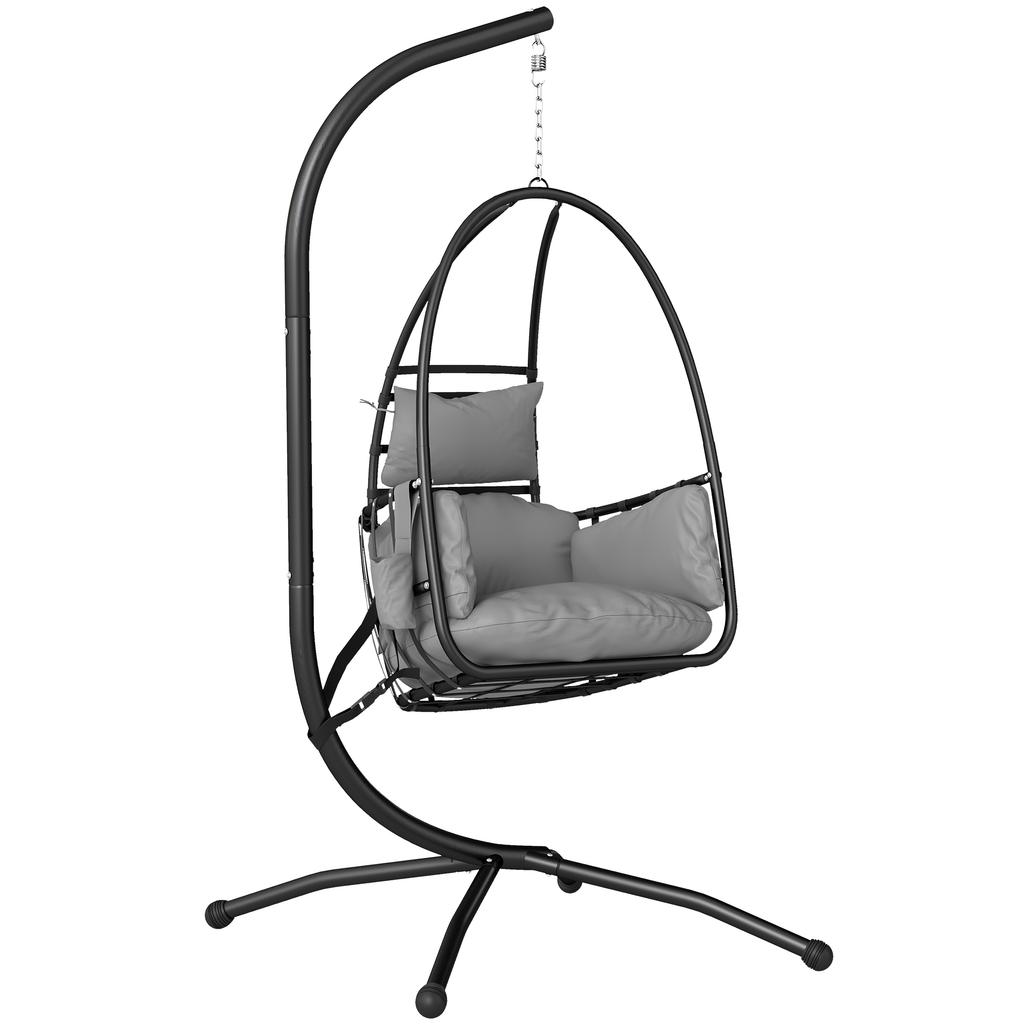 Hanging Egg Chair, Indoor Outdoor Swinging Hammock Chair with Stand, Foldable Basket, Side Pocket, Dark Grey